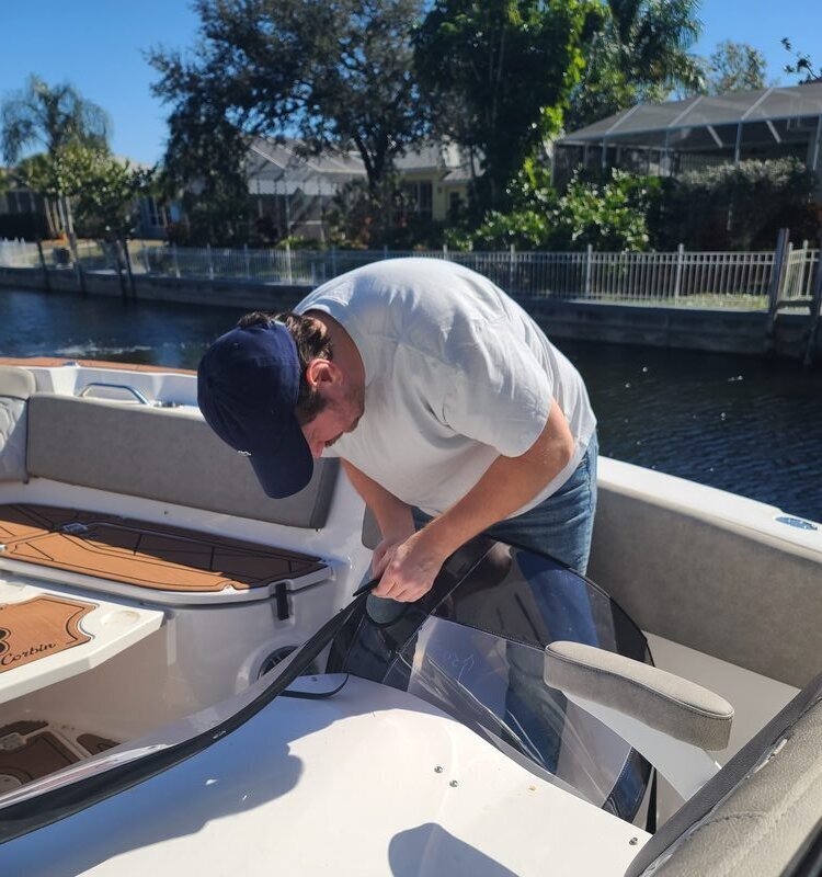 Hi Seas Custom Canvas workshop with marine canvas fabrication in progress